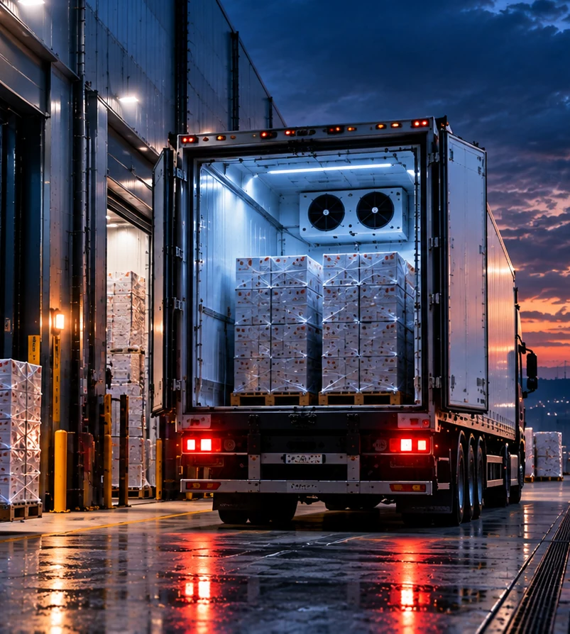 Vehículo refrigerado en el muelle de carga, en el punto de transición entre dos espacios controlados.