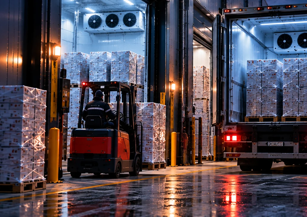 Carretilla elevadora moviendo pallets de mercancía en un muelle refrigerado.