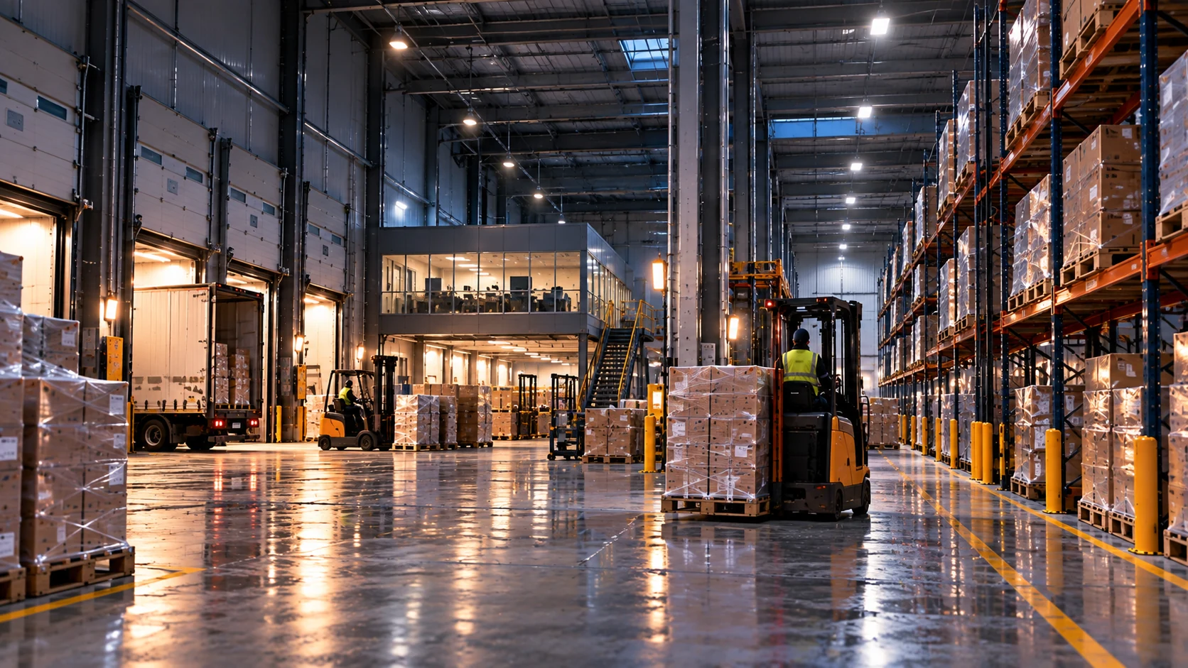Interior de almacén logístico con racks, pallets y carretillas.