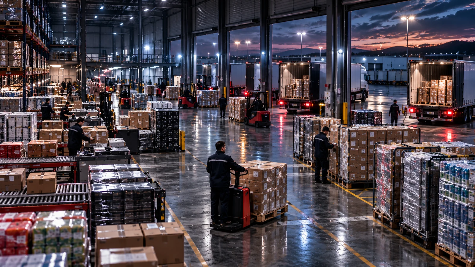 Operación de distribución mayorista con palés y múltiples muelles de carga.